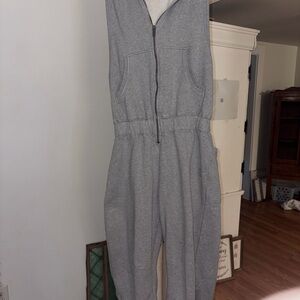 Free People Gray Sleeveless Zip-Up Hooded Jumpsuit